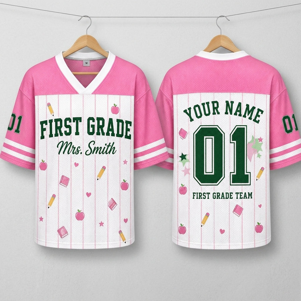 Personalized First Grade Teacher Football Jersey - Custom Name & Number Pink Sporty Mesh Shirt