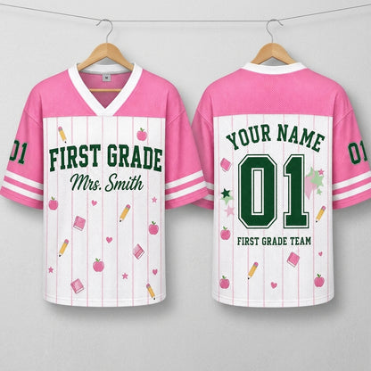 Personalized First Grade Teacher Football Jersey - Custom Name & Number Pink Sporty Mesh Shirt