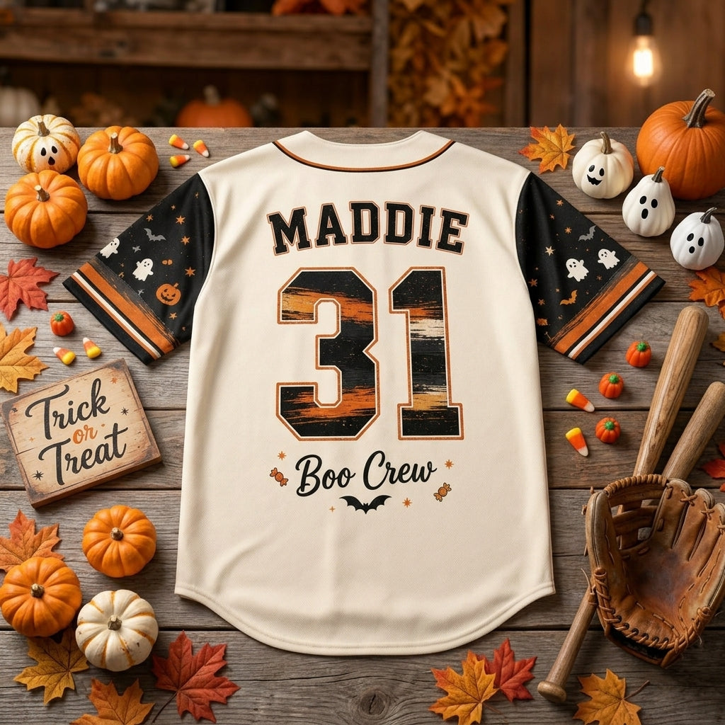 Personalized Halloween Boo Crew Baseball Jersey - Custom Name and Number Ghost Trick or Treat Sports Shirt