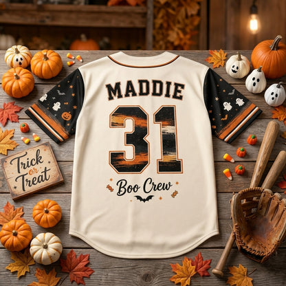 Personalized Halloween Boo Crew Baseball Jersey - Custom Name and Number Ghost Trick or Treat Sports Shirt