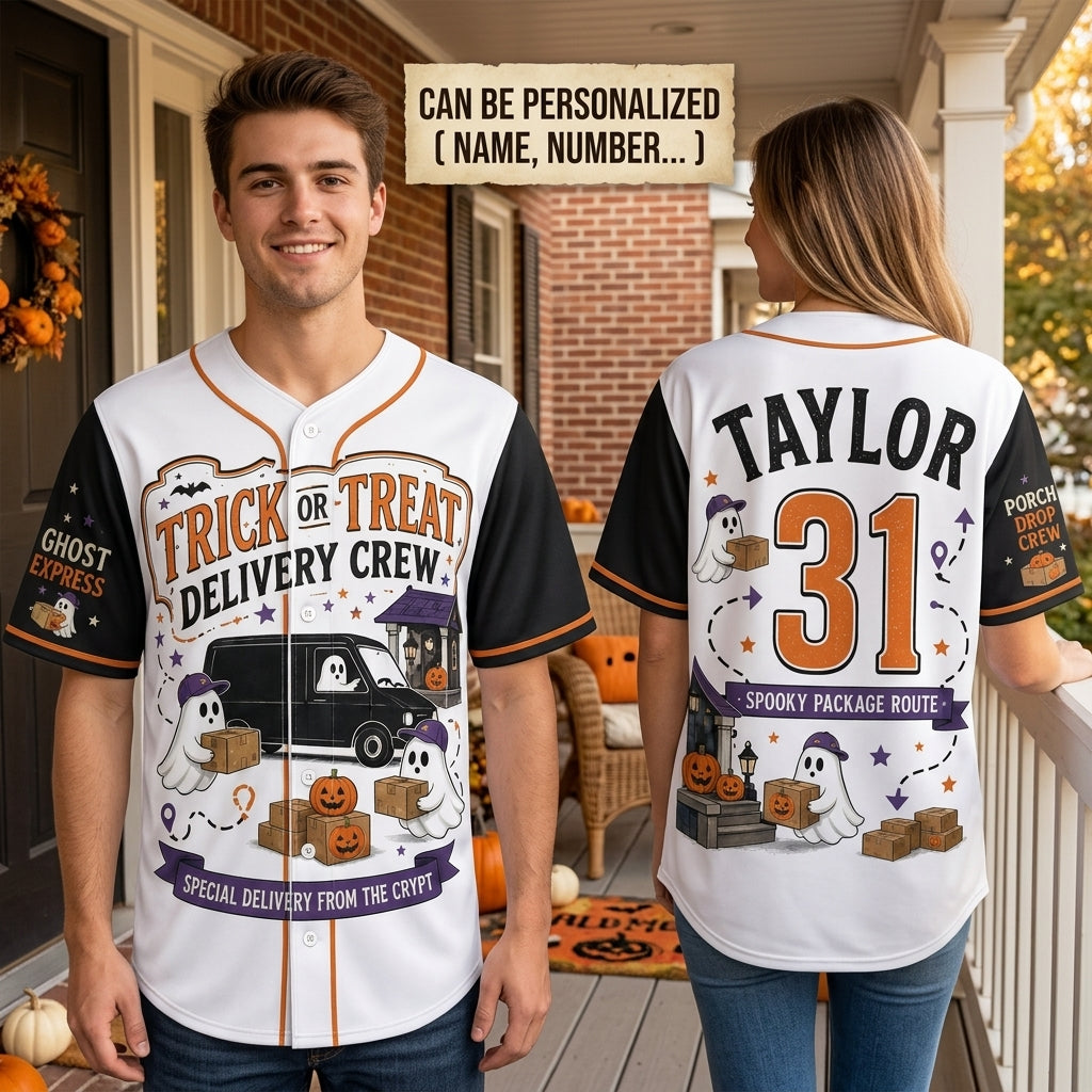 Personalized Trick or Treat Delivery Crew Halloween Baseball Jersey - Custom Name Ghost Express Spooky Shirt