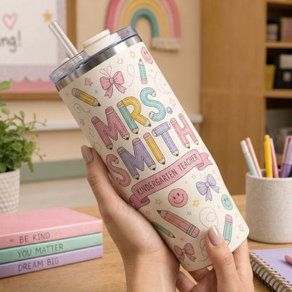 Personalized Teacher 40oz Tumbler with Handle - Custom Name & Grade School Doodle Gift