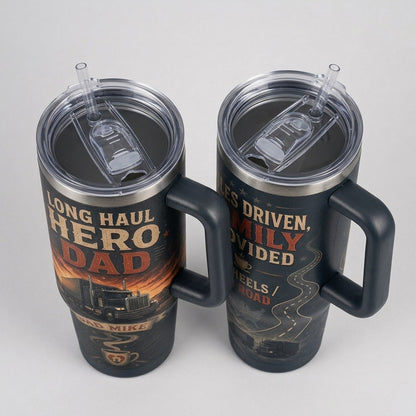 Personalized Long Haul Hero Trucker Dad 40oz Tumbler with Handle - Custom Name Gift