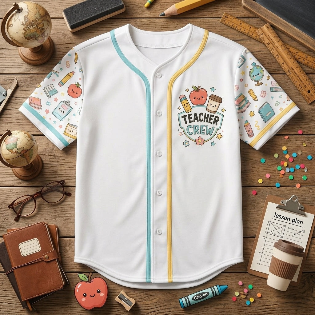 Personalized School Supply Crew Baseball Jersey - Cute Kawaii Teacher Appreciation Gift - Custom Back to School Apparel