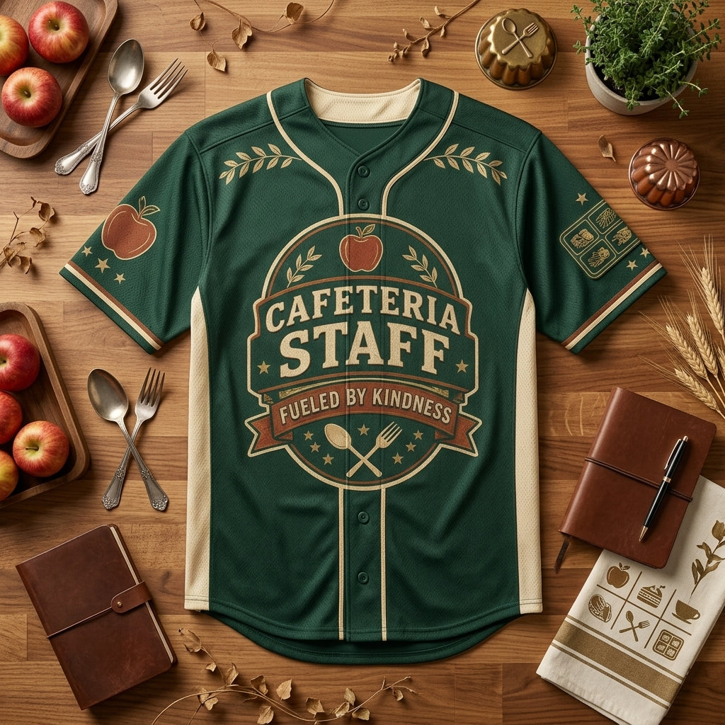 Personalized Cafeteria Staff Baseball Jersey - Custom Name & Number Fueled by Kindness School Uniform