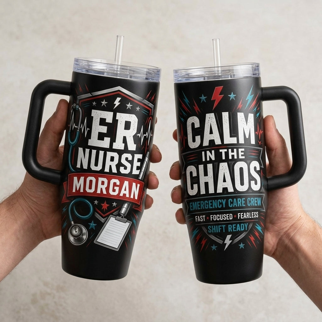 Personalized ER Nurse 40oz Tumbler with Handle - Custom Name Calm in the Chaos Medical Gift