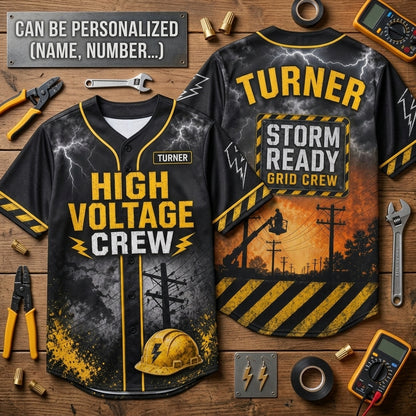 Personalized High Voltage Crew Baseball Jersey - Custom Name Lineman Gift - Storm Ready Grid Crew Athletic Shirt