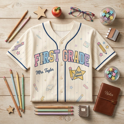 Personalized First Grade Teacher Baseball Jersey - Custom Mrs. Taylor Star Squad School Apparel