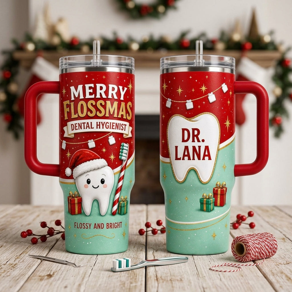 Personalized Merry Flossmas Dental Hygienist 40oz Tumbler with Handle - Custom Name Dentist Christmas Gift