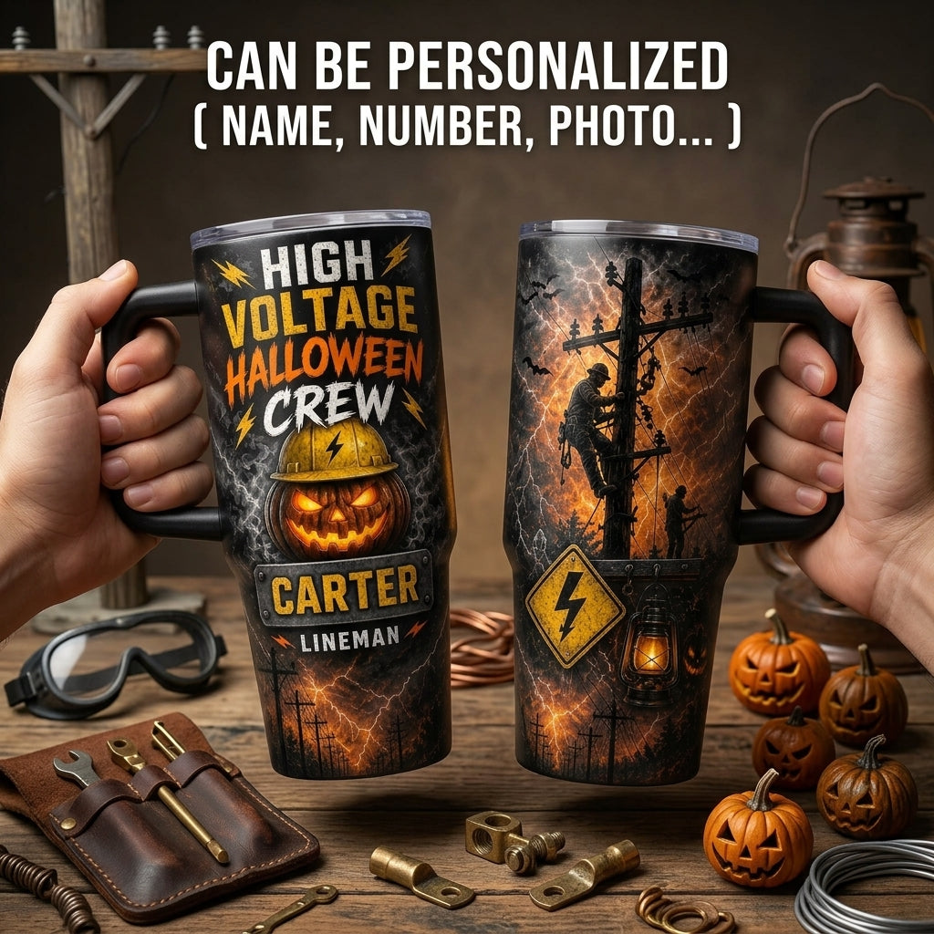Personalized Lineman High Voltage Halloween Crew 40oz Tumbler with Handle - Custom Name Gift