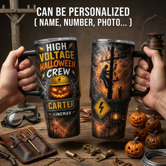 Personalized Lineman High Voltage Halloween Crew 40oz Tumbler with Handle - Custom Name Gift