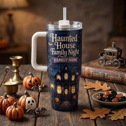 Personalized Haunted House Family Night 40oz Tumbler with Handle - Custom Name Halloween Gift