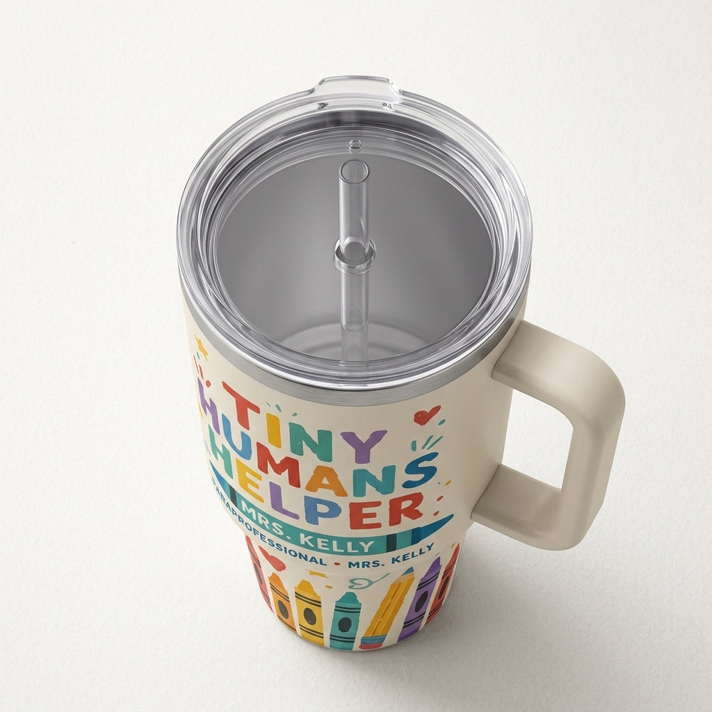 Personalized Tiny Humans Helper 40oz Tumbler with Handle - Custom Name Teacher & Paraprofessional Gift