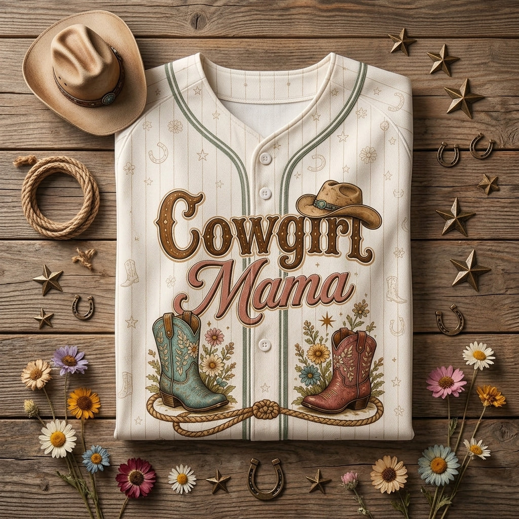 Personalized Cowgirl Mama Baseball Jersey - Custom Name Western Mom Shirt with Floral Boots