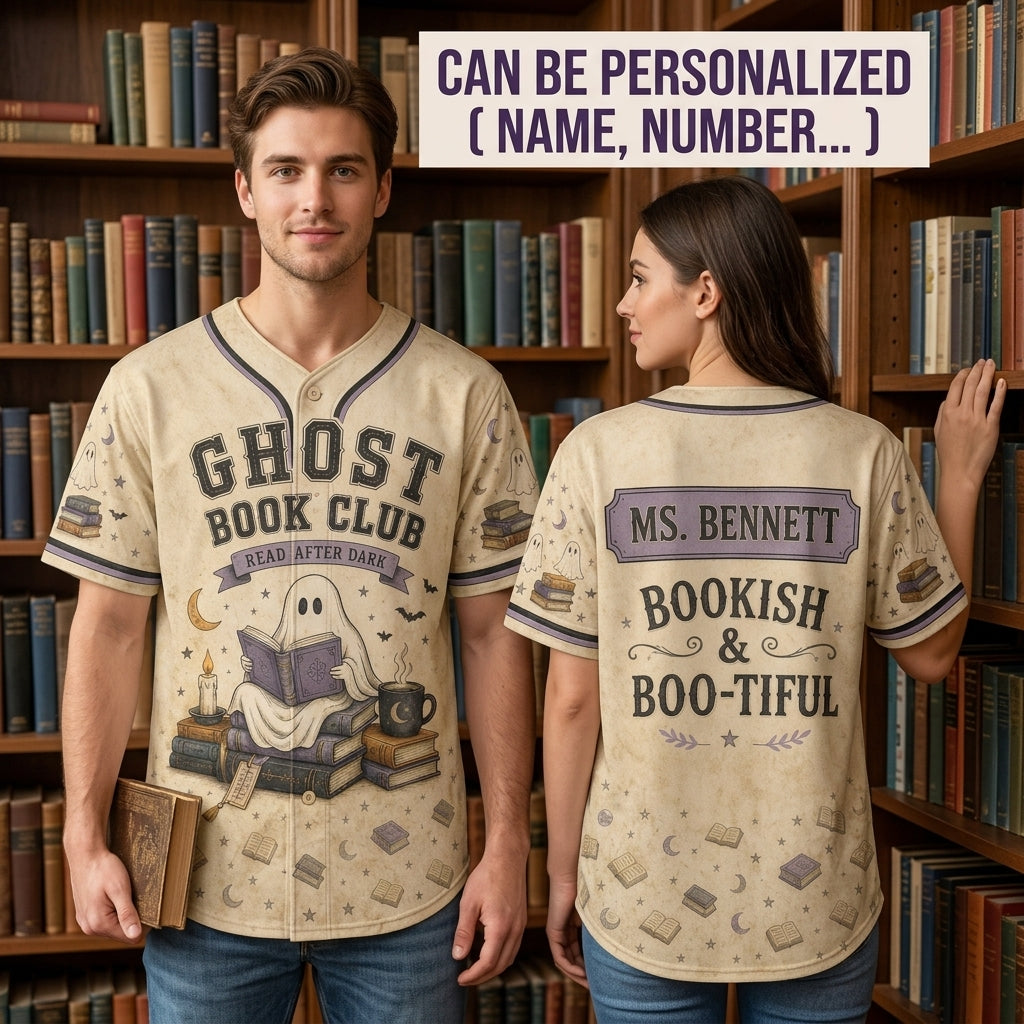 Personalized Ghost Book Club Baseball Jersey - Custom Name Spooky Bookish & Boo-tiful Shirt for Librarians and Teachers