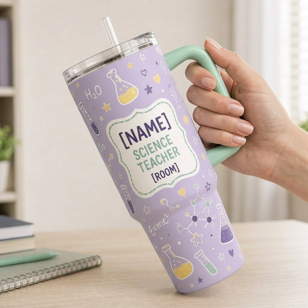Personalized Lab Life Science Teacher 40oz Tumbler with Handle, Custom Name and Room STEM Gift