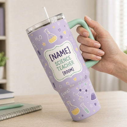 Personalized Lab Life Science Teacher 40oz Tumbler with Handle, Custom Name and Room STEM Gift