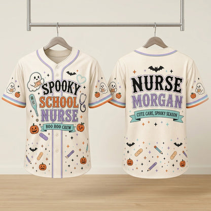 Personalized Spooky School Nurse Baseball Jersey - Custom Name Boo Boo Crew Halloween Gift for Healthcare Workers