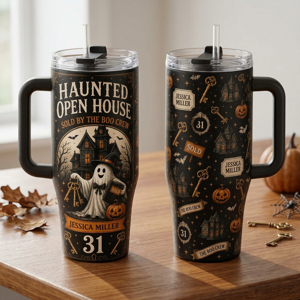 Personalized Haunted Open House Real Estate 40oz Tumbler with Handle - Custom Realtor Halloween Gift