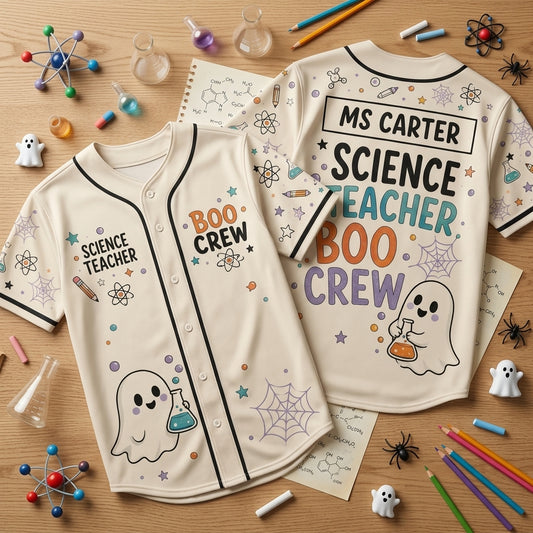 Personalized Science Teacher Boo Crew Halloween Baseball Jersey - Custom Name Ghost Lab Chemist Shirt