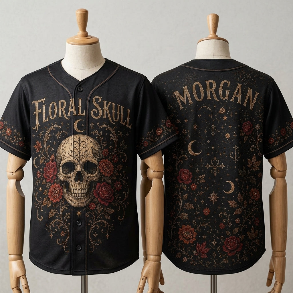 Personalized Gothic Floral Skull Baseball Jersey - Custom Name Dark Aesthetic Roses & Moon Sporty Button Down