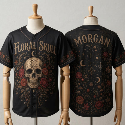 Personalized Gothic Floral Skull Baseball Jersey - Custom Name Dark Aesthetic Roses & Moon Sporty Button Down
