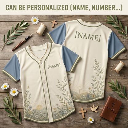 Personalized Wildflower & Sunrise Faith Baseball Jersey - Custom Name Nature Inspired Christian Button-Up Shirt