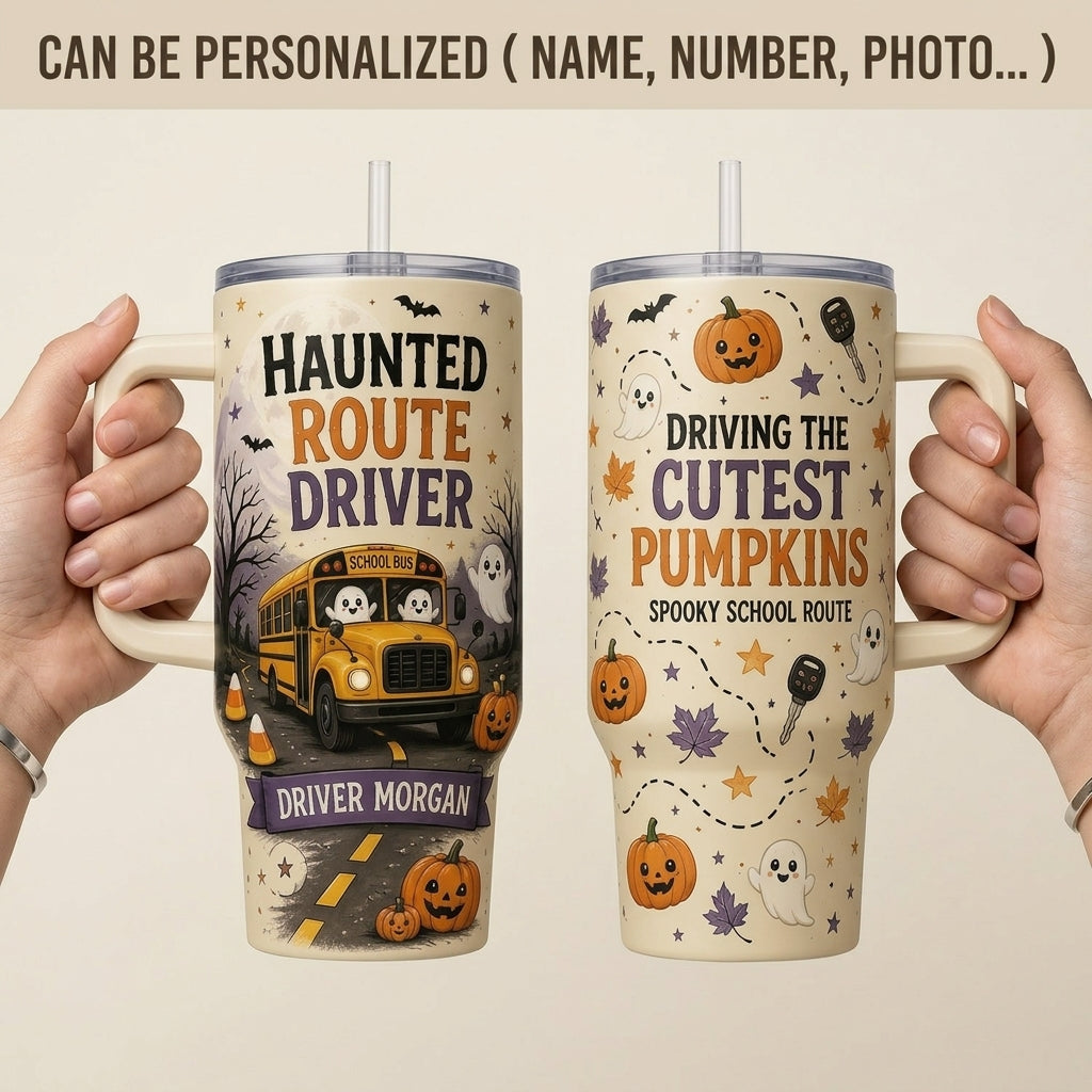Personalized Haunted Route School Bus Driver 40oz Tumbler with Handle - Custom Name Spooky Halloween Gift