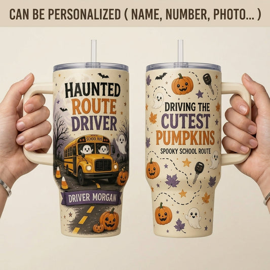 Personalized Haunted Route School Bus Driver 40oz Tumbler with Handle - Custom Name Spooky Halloween Gift