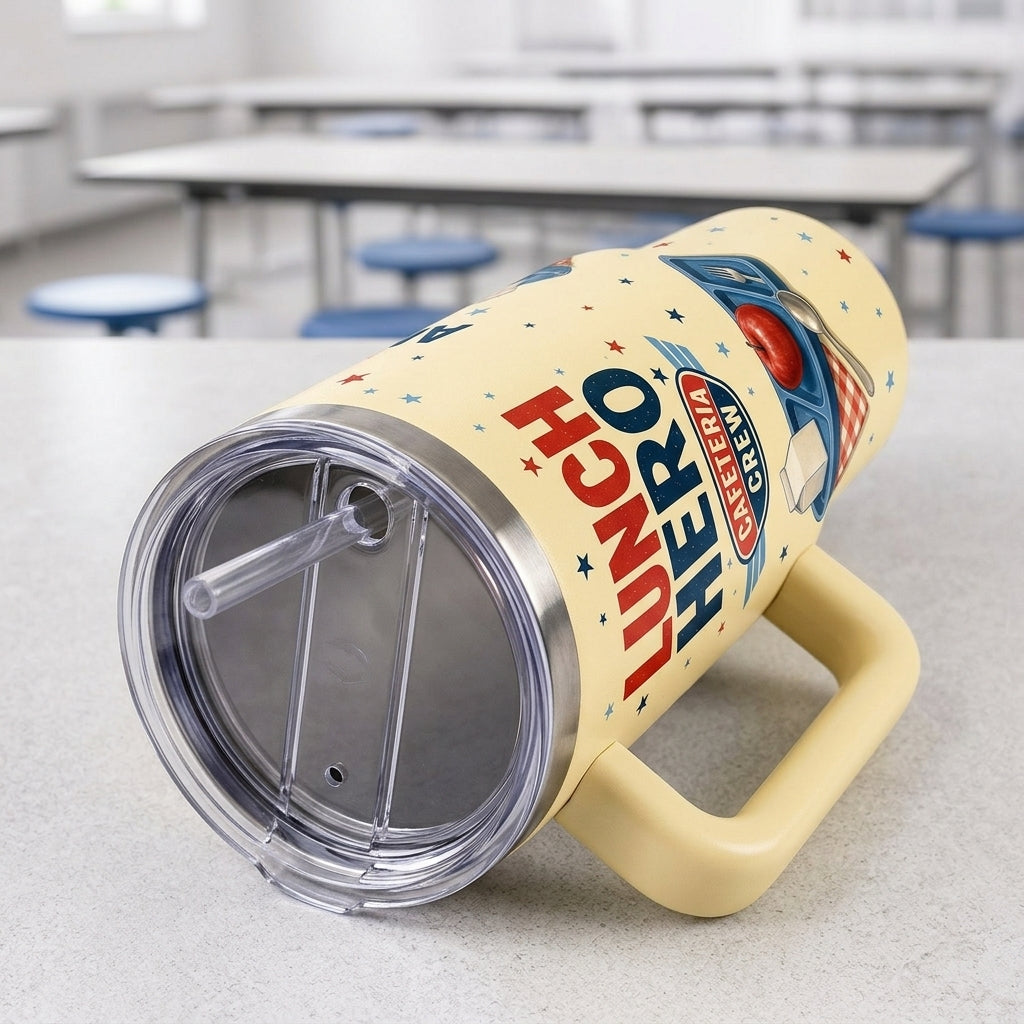 Personalized Lunch Hero Cafeteria Crew 40oz Tumbler with Handle - Custom Name School Staff Gift - 40oz tumbler mockup 5