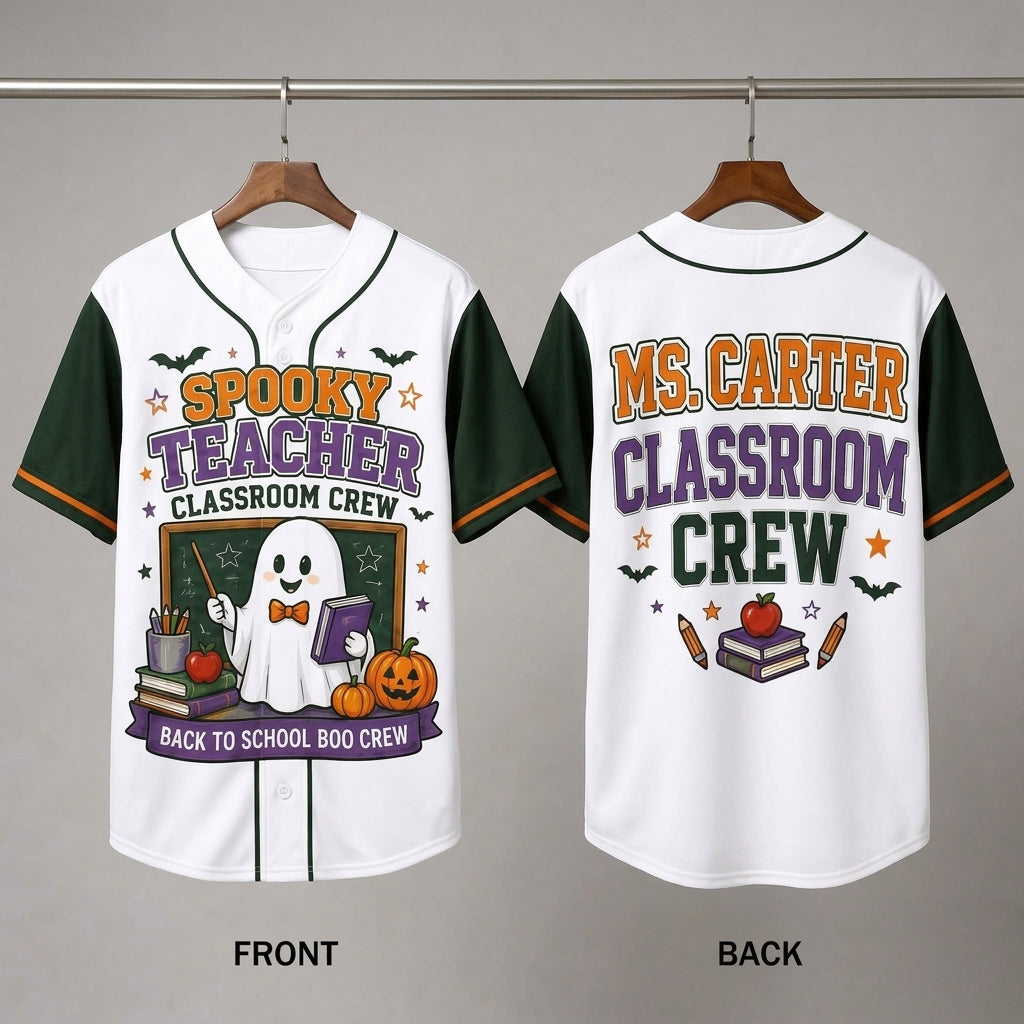 Personalized Spooky Teacher Baseball Jersey - Custom Classroom Crew Halloween Shirt, Back to School Boo Crew Gift