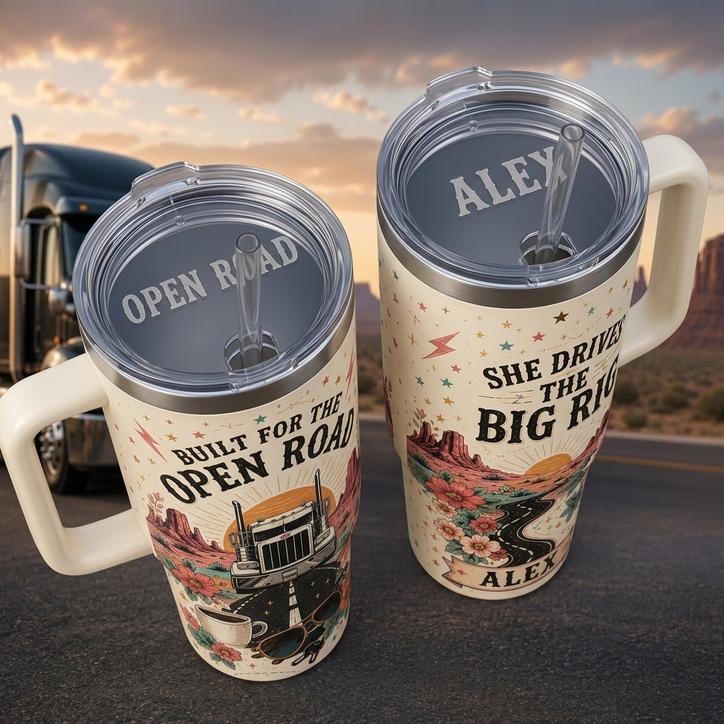 Personalized She Drives the Big Rig 40oz Tumbler with Handle, Custom Name Female Trucker Gift