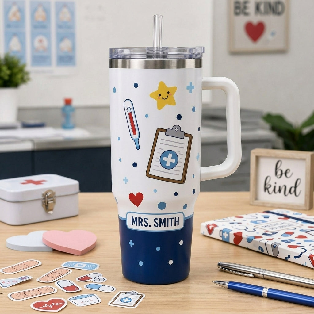 Personalized School Nurse Office 40oz Tumbler with Handle - Custom Name Travel Mug Gift