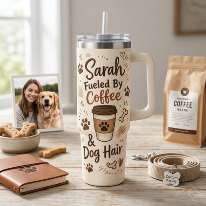 Personalized Dog Mom 40oz Tumbler with Handle - Custom Name Fueled by Coffee and Dog Hair Travel Mug