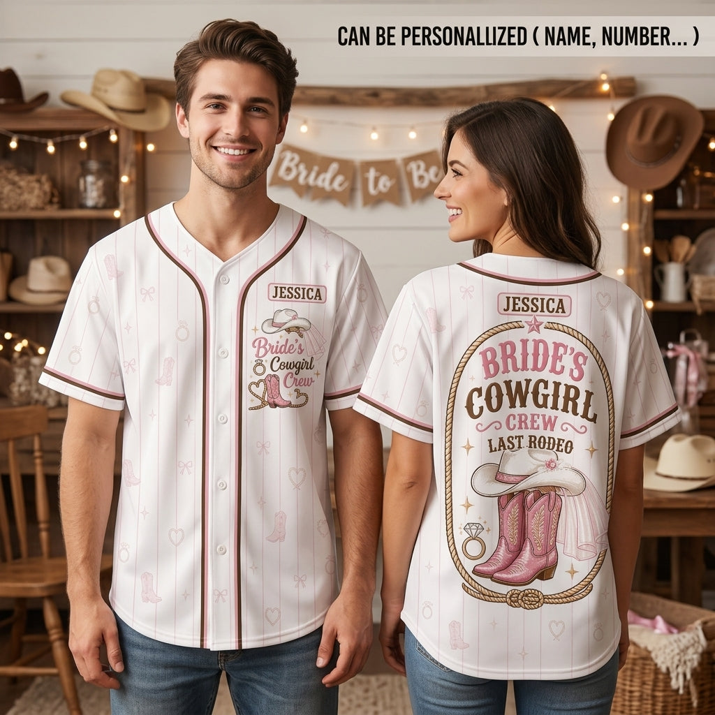 Personalized Bride's Cowgirl Crew Last Rodeo Baseball Jersey - Custom Name Western Bachelorette Party Outfit