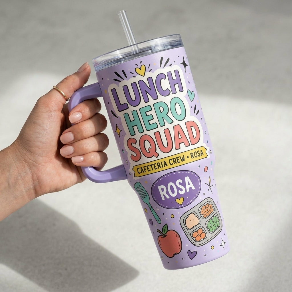 Personalized Lunch Hero Squad 40oz Tumbler with Handle, Custom Name Cafeteria Crew Gift for School Lunch Ladies
