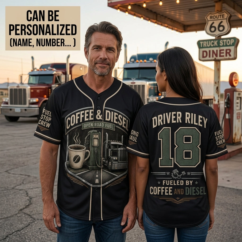 Personalized Coffee & Diesel Open Road Fuel Baseball Jersey - Custom Name and Number Trucker Gift