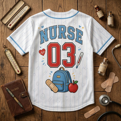 Personalized School Nurse Baseball Jersey - Custom Name & Number Bandages and Backpacks Nursing Shirt
