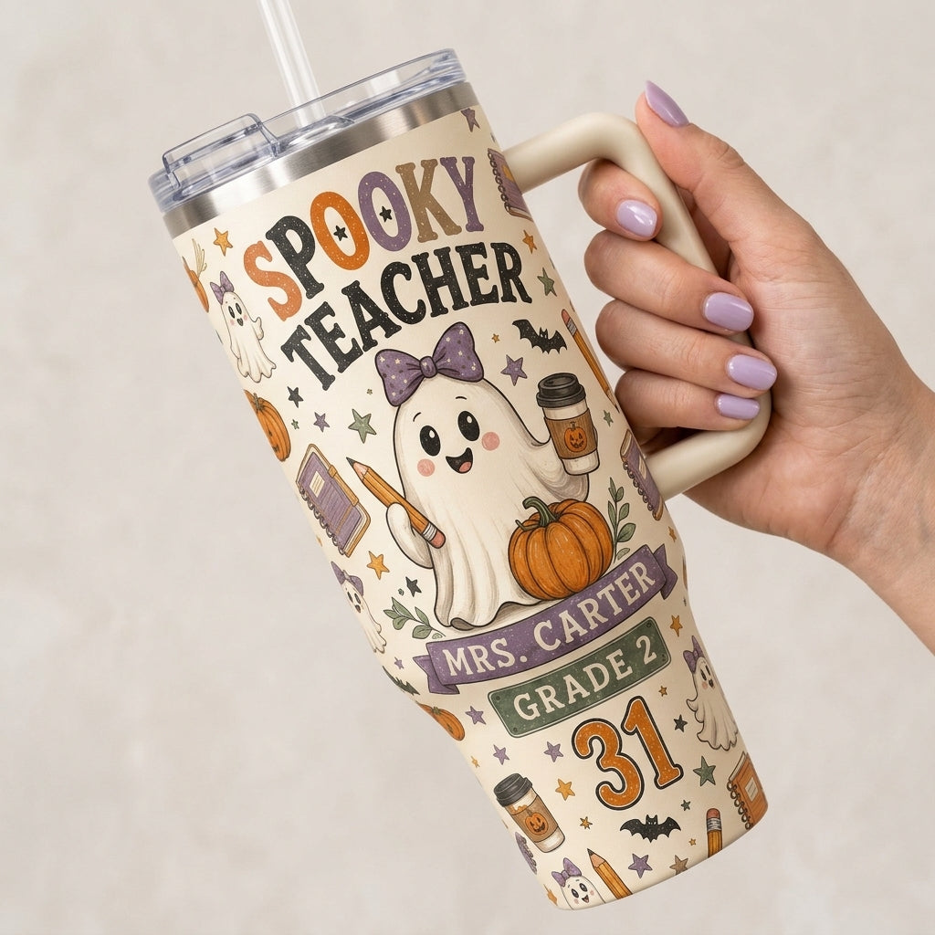 Personalized Spooky Teacher Halloween 40oz Tumbler with Handle - Custom Name and Grade Gift