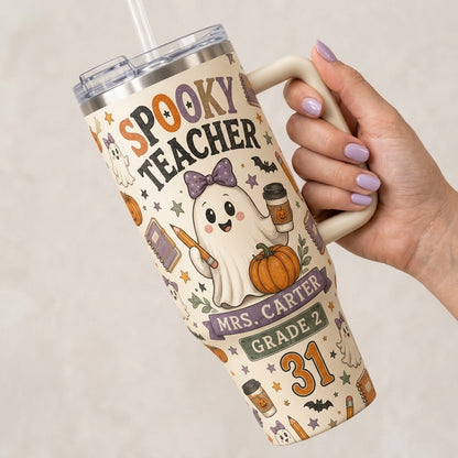 Personalized Spooky Teacher Halloween 40oz Tumbler with Handle - Custom Name and Grade Gift