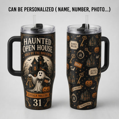 Personalized Haunted Open House Real Estate 40oz Tumbler with Handle - Custom Realtor Halloween Gift