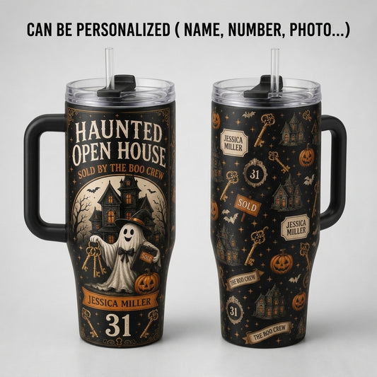 Personalized Haunted Open House Real Estate 40oz Tumbler with Handle - Custom Realtor Halloween Gift