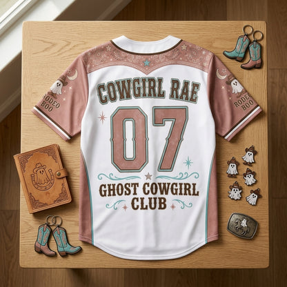 Personalized Ghost Cowgirl Halloween Baseball Jersey - Custom Name Western Boo Crew Boo Haw Jersey