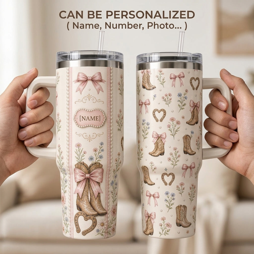 Personalized Pink Coquette Cowboy Boots 40oz Tumbler with Handle, Western Boho Floral Custom Name Travel Mug Gift