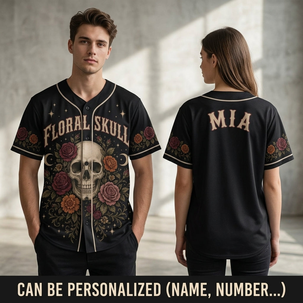 Personalized Floral Skull Baseball Jersey with Custom Name - Vintage Gothic Rose Athletic Shirt