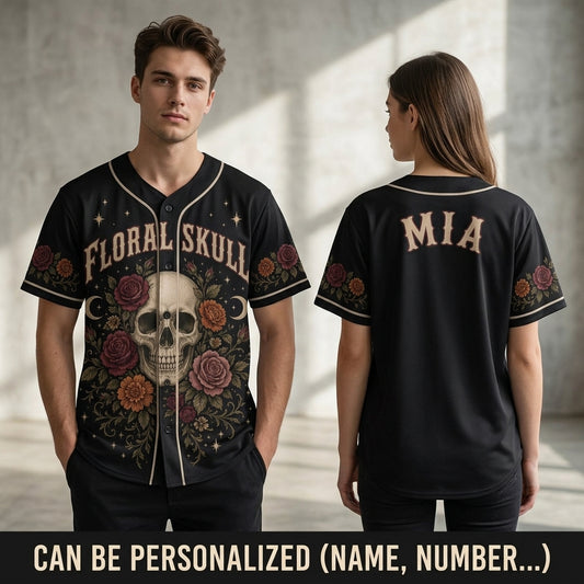 Personalized Floral Skull Baseball Jersey with Custom Name - Vintage Gothic Rose Athletic Shirt