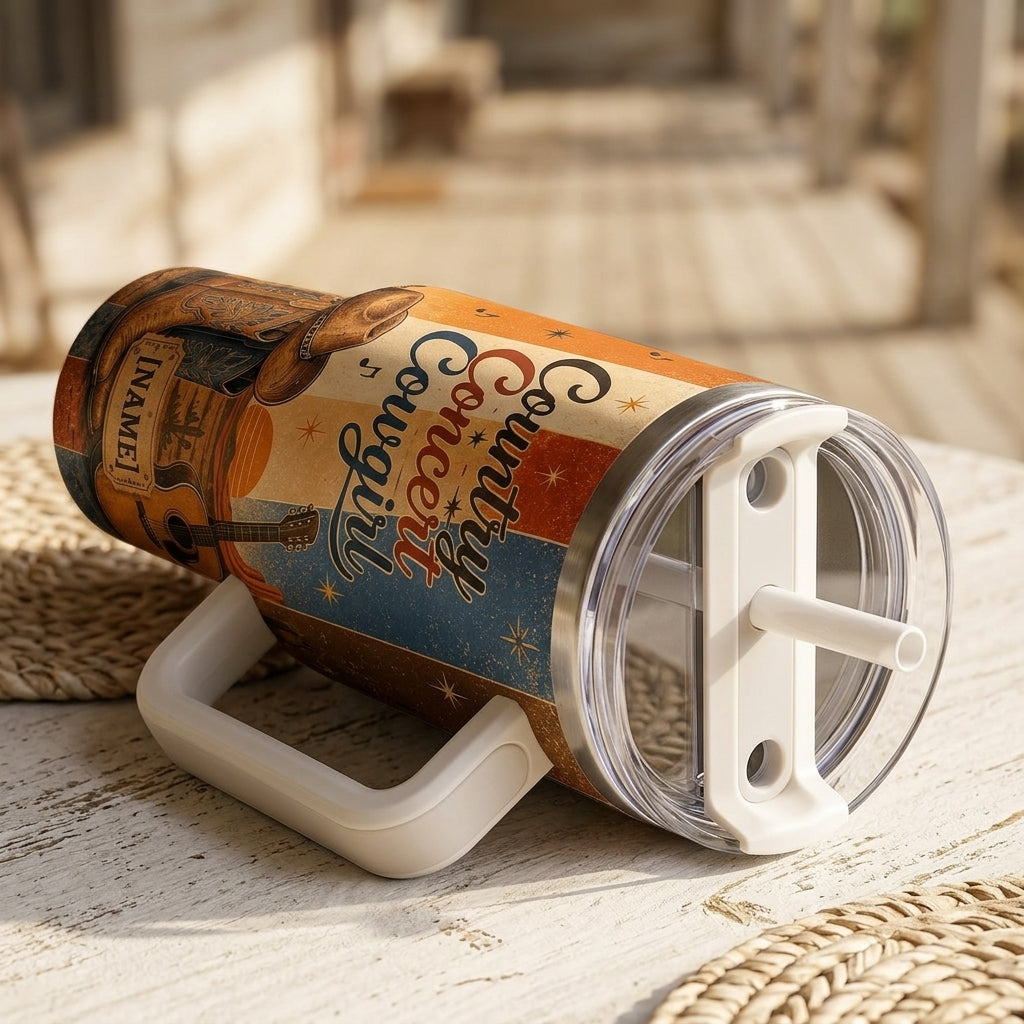 Personalized Country Concert Cowgirl 40oz Tumbler with Handle - Custom Name Western Travel Mug