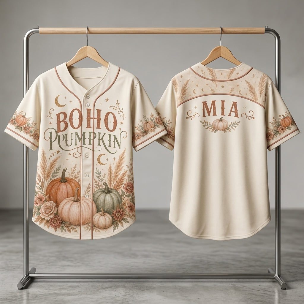 Personalized Boho Pumpkin Baseball Jersey - Custom Name Fall Autumn Aesthetic Shirt for Women