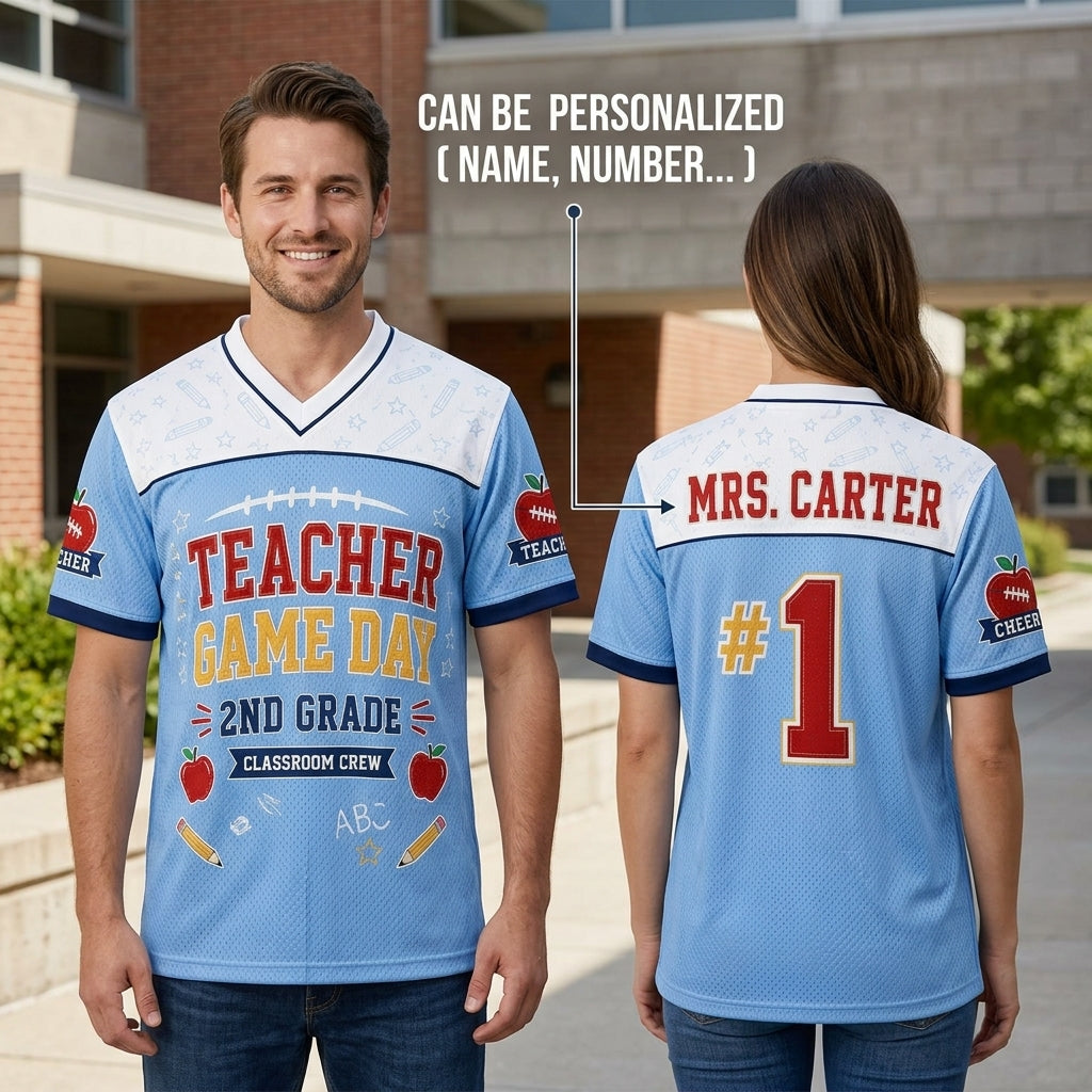 Personalized Teacher Game Day Football Jersey - Custom Name 2nd Grade Classroom Crew Mesh Jersey Shirt