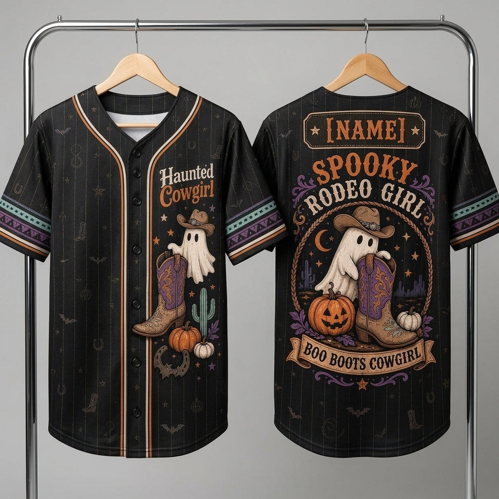 Personalized Haunted Cowgirl Baseball Jersey - Spooky Rodeo Girl Halloween Gift with Custom Name